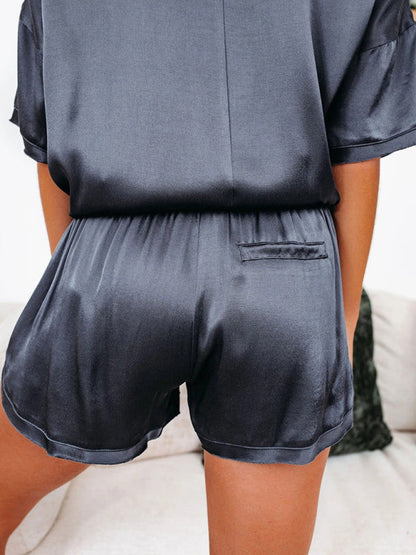 Sleepwear- Silk PJs 2 Piece Oversized Satin Sleepwear with Short Sleeve Top & Shorts- - IndioGear Fashion and Gear