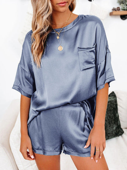 Sleepwear- Silk PJs 2 Piece Oversized Satin Sleepwear with Short Sleeve Top & Shorts- Light blue grey- IndioGear Fashion and Gear