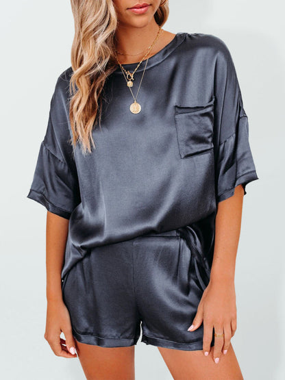 Sleepwear- Silk PJs 2 Piece Oversized Satin Sleepwear with Short Sleeve Top & Shorts- Champlain color- IndioGear Fashion and Gear