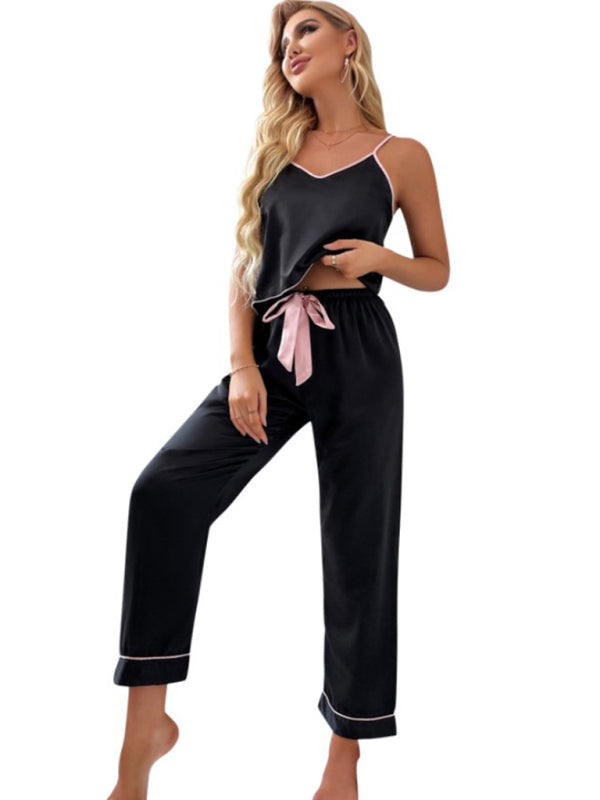 Sleepwear- Silky 2-Piece Satin Pajama Set - Contrast Binding Cami and Pants- - IndioGear Fashion and Gear