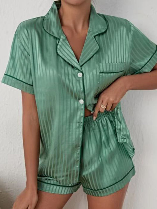 Sleepwear- Striped Satin Pajamas 2-Piece Silk Shirt & Shorts- Green- IndioGear Fashion and Gear