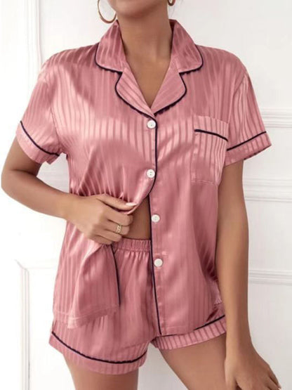 Sleepwear- Striped Satin Pajamas 2-Piece Silk Shirt & Shorts- Pink- IndioGear Fashion and Gear