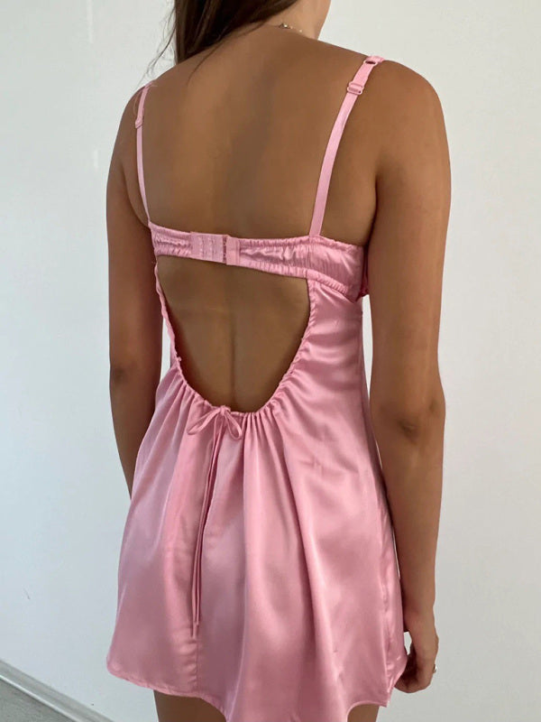 Slip Dresses- Satin Backless Balconette Slip Dress- - IndioGear Fashion and Gear