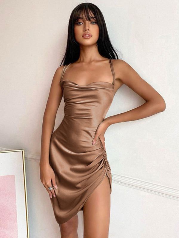 Slip Dresses- Satin Halter Backless Slip Dress with Ruched Sides- - IndioGear Fashion and Gear