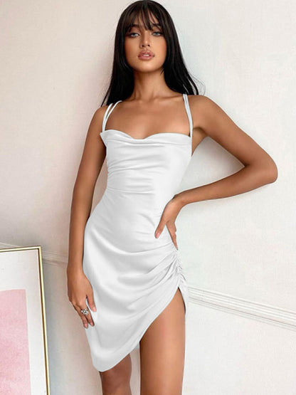 Slip Dresses- Satin Halter Backless Slip Dress with Ruched Sides- White- IndioGear Fashion and Gear