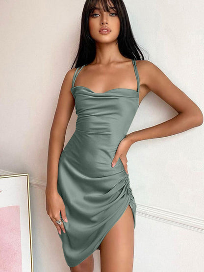 Slip Dresses- Satin Halter Backless Slip Dress with Ruched Sides- Green black jasper- IndioGear Fashion and Gear