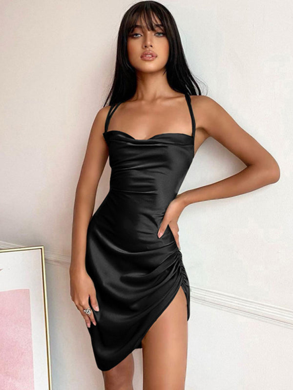 Slip Dresses- Satin Halter Backless Slip Dress with Ruched Sides- - IndioGear Fashion and Gear