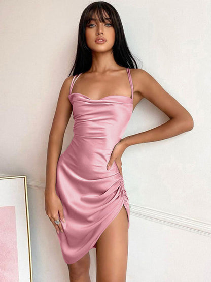 Slip Dresses- Satin Halter Backless Slip Dress with Ruched Sides- Pink- IndioGear Fashion and Gear