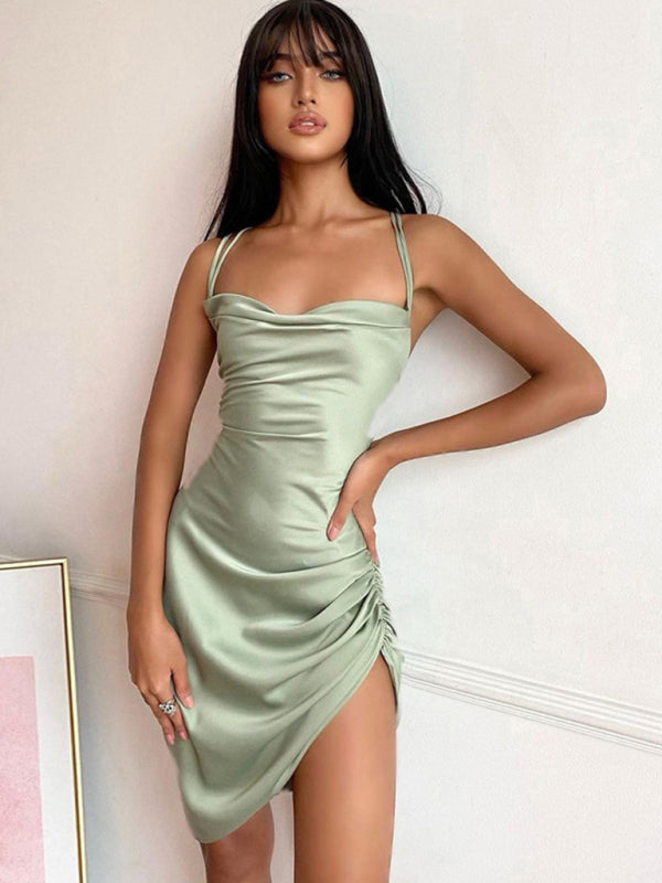 Slip Dresses- Satin Halter Backless Slip Dress with Ruched Sides- - IndioGear Fashion and Gear