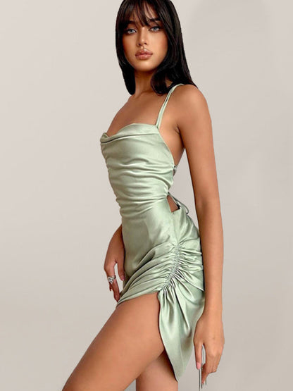 Slip Dresses- Satin Halter Backless Slip Dress with Ruched Sides- Green- IndioGear Fashion and Gear