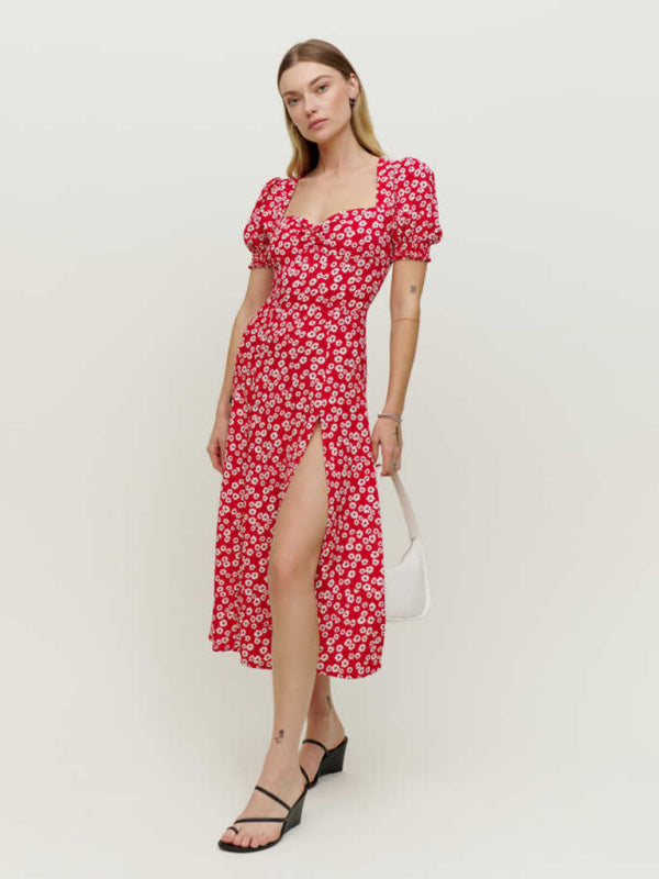 Slit Dresses- Florals Sweetheart Midi Dress with Puff Sleeves & Thigh Slit- - IndioGear Fashion and Gear