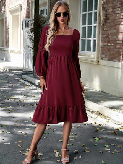 Solid Dresses- Solid Square Neck A-Line Midi Dress with Smocked Back- Chuzko Women Clothing