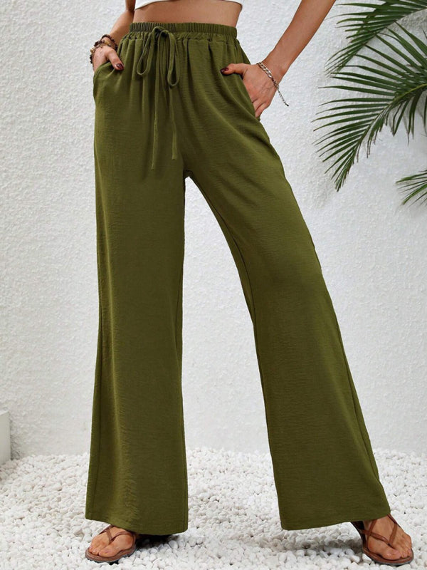 Solid Pants- Solid Elastic Waist Palazzo Pants for Everyday- Olive green- IndioGear Clothing and Gear