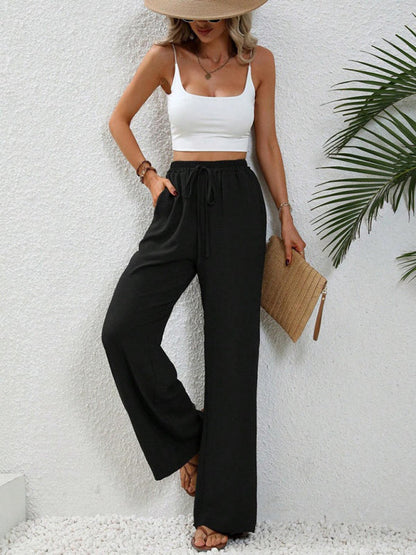 Solid Pants- Solid Elastic Waist Palazzo Pants for Everyday- - IndioGear Clothing and Gear