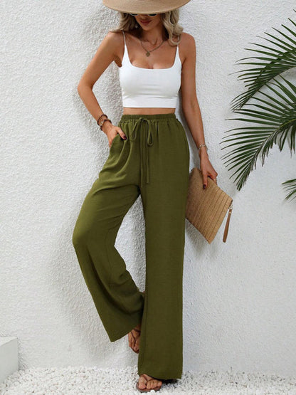 Solid Pants- Solid Elastic Waist Palazzo Pants for Everyday- - IndioGear Clothing and Gear