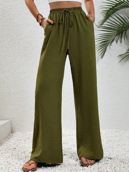 Solid Pants- Solid Elastic Waist Palazzo Pants for Everyday- - IndioGear Clothing and Gear