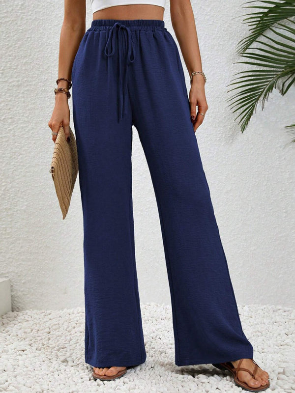 Solid Pants- Solid Elastic Waist Palazzo Pants for Everyday- Purplish blue navy- IndioGear Clothing and Gear