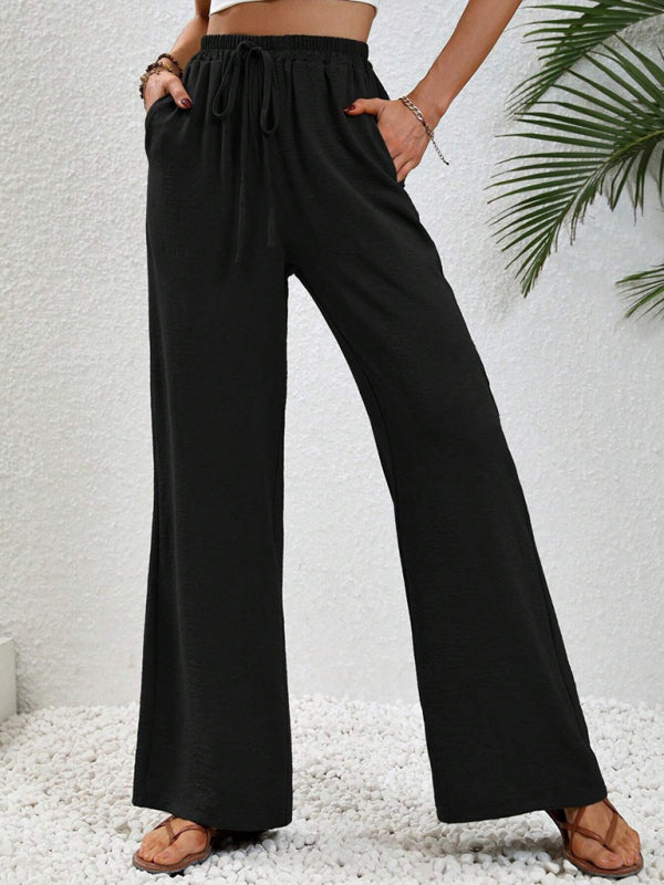 Solid Pants- Solid Elastic Waist Palazzo Pants for Everyday- Pitch-black- IndioGear Clothing and Gear