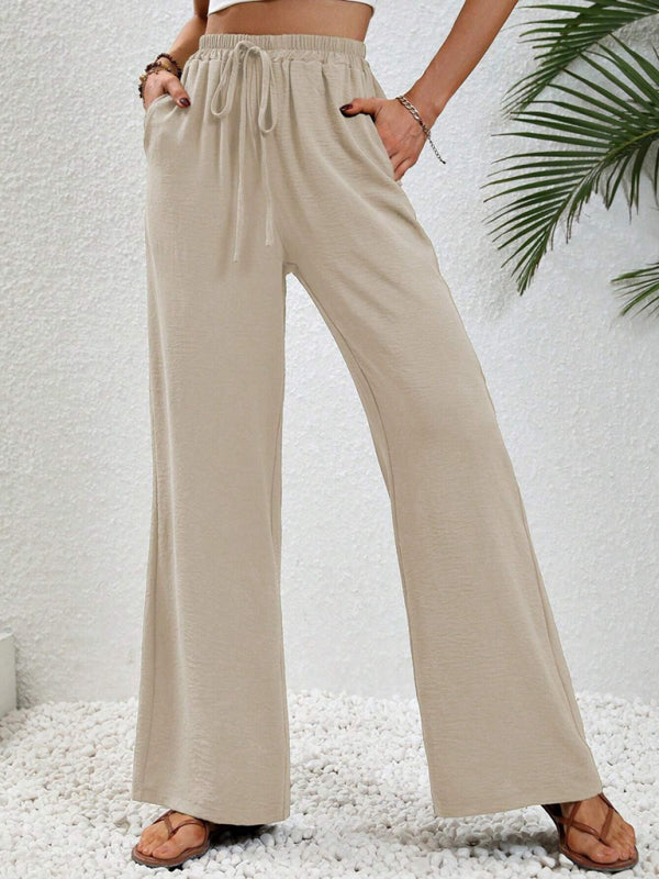 Solid Pants- Solid Elastic Waist Palazzo Pants for Everyday- Cream- IndioGear Clothing and Gear