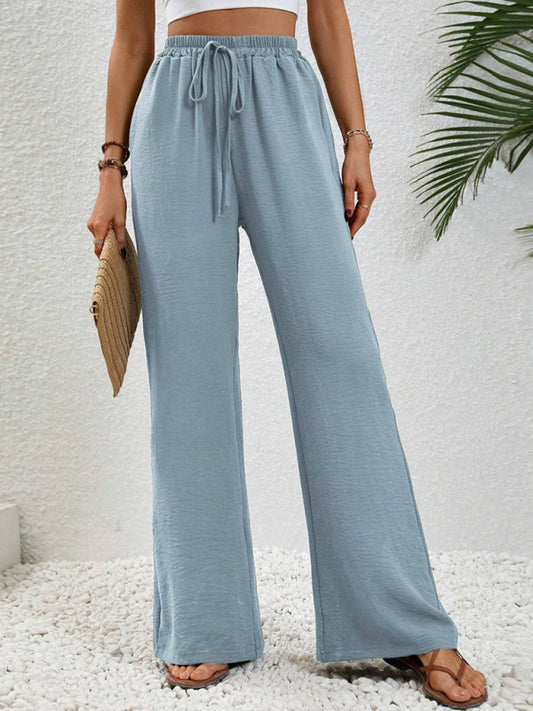 Solid Pants- Solid Elastic Waist Palazzo Pants for Everyday- Blue- IndioGear Clothing and Gear