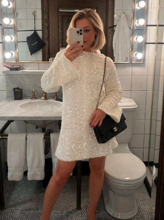 Sparkle Dresses- Sequin Tunic Mini Dress for Fashion Shows- White- IndioGear Clothing and Gear