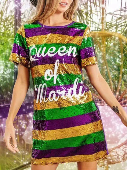 Sparkle Dresses- Sparkling Sequined Mardi Gras Tunic Tee Dress with Short Sleeves- - IndioGear Fashion and Gear