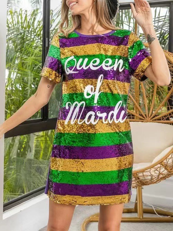 Sparkle Dresses- Sparkling Sequined Mardi Gras Tunic Tee Dress with Short Sleeves- - IndioGear Fashion and Gear