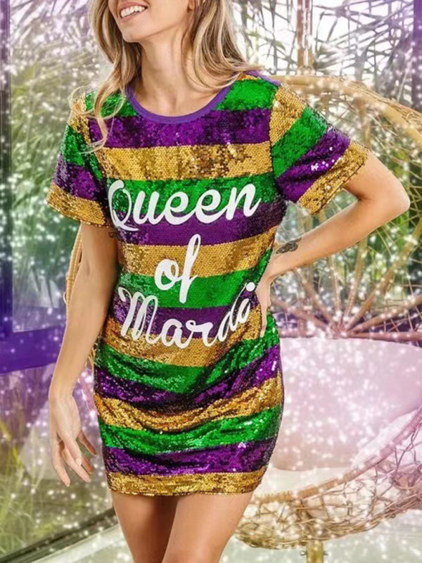 Sparkle Dresses- Sparkling Sequined Mardi Gras Tunic Tee Dress with Short Sleeves- - IndioGear Fashion and Gear