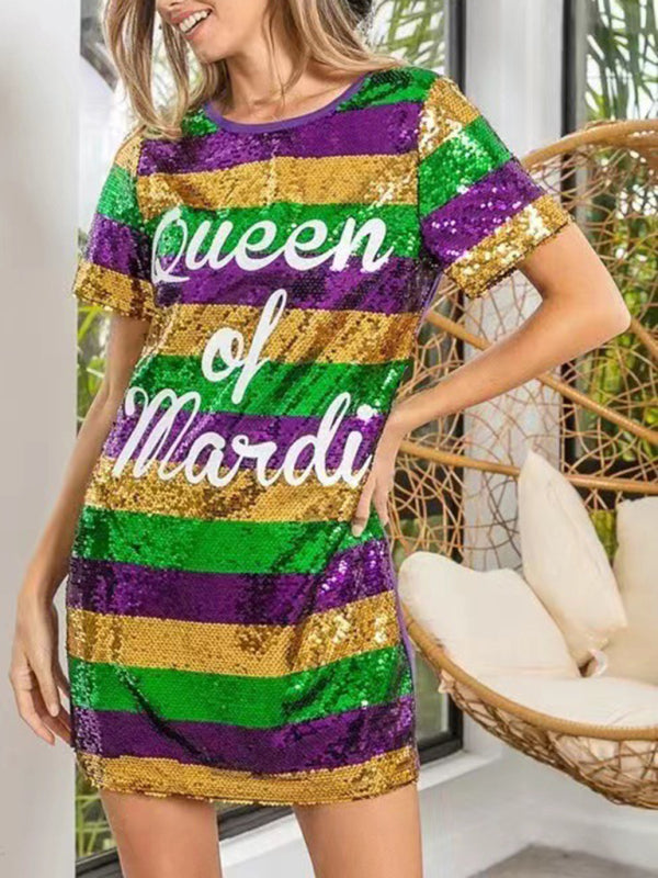 Sparkle Dresses- Sparkling Sequined Mardi Gras Tunic Tee Dress with Short Sleeves- Purple- IndioGear Fashion and Gear