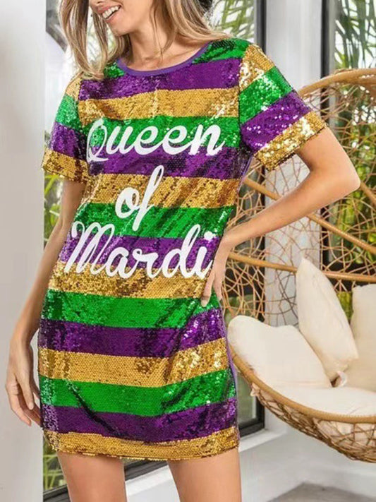 Sparkle Dresses- Sparkling Sequined Mardi Gras Tunic Tee Dress with Short Sleeves- Purple- IndioGear Fashion and Gear