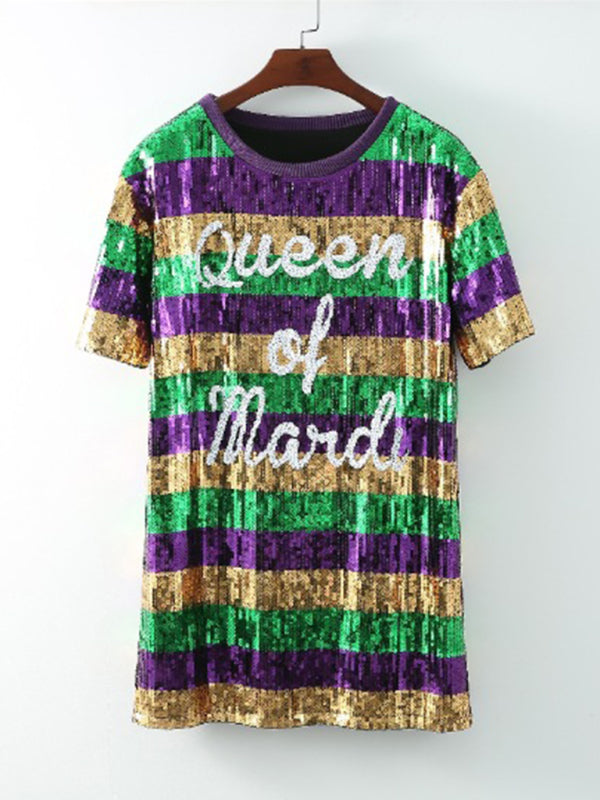 Sparkle Dresses- Sparkling Sequined Mardi Gras Tunic Tee Dress with Short Sleeves- - IndioGear Fashion and Gear