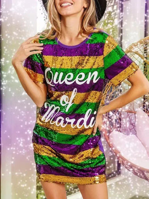 Sparkle Dresses- Sparkling Sequined Mardi Gras Tunic Tee Dress with Short Sleeves- - IndioGear Fashion and Gear