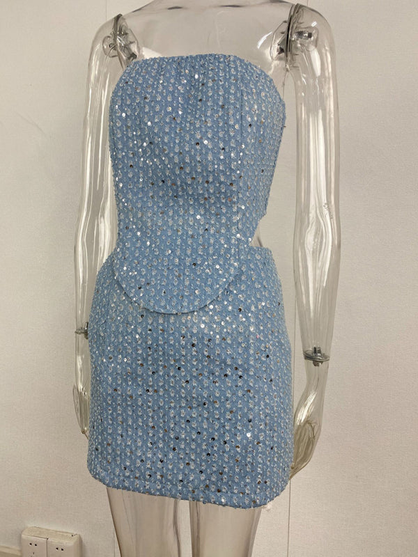 Sparkle Denim Party 2-Piece Strapless Tube Top & Mini Skirt