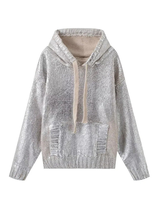 Sparkle Sweatshirts- Casual Glamour Sparkling Metallic Hooded Sweatshirt- Silver grey- IndioGear Clothing and Gear