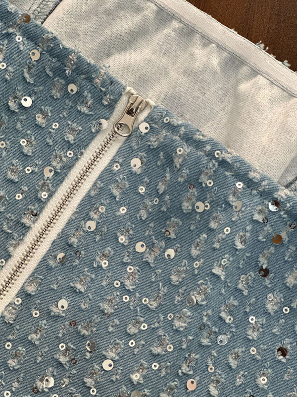 Glitzerndes, trägerloses Denim-Röhrenoberteil für Sommerfestlichkeiten