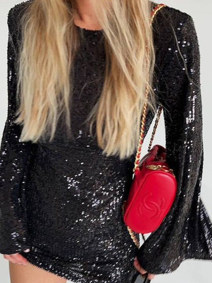 Sparkle Sequin Mini Dress with Flared Long Sleeves