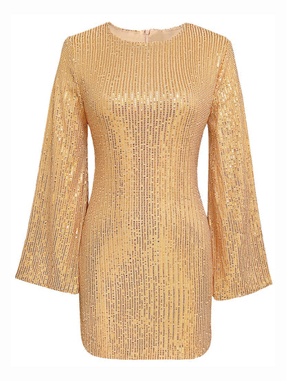 Sparkle Sequin Mini Dress with Flared Long Sleeves