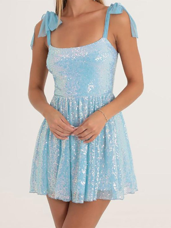 Sparkly Dresses- Glitter Cocktail Sequined Tie-Shoulder Mini Dress- Blue- IndioGear Clothing and Gear