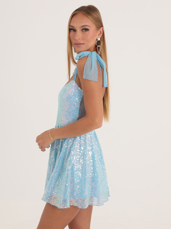 Sparkly Dresses- Glitter Cocktail Sequined Tie-Shoulder Mini Dress- - IndioGear Clothing and Gear