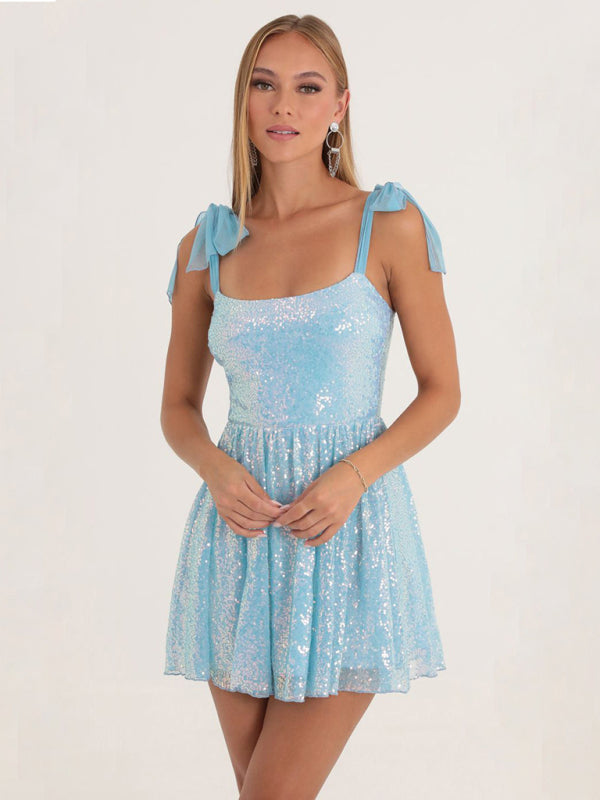 Sparkly Dresses- Glitter Cocktail Sequined Tie-Shoulder Mini Dress- - IndioGear Clothing and Gear