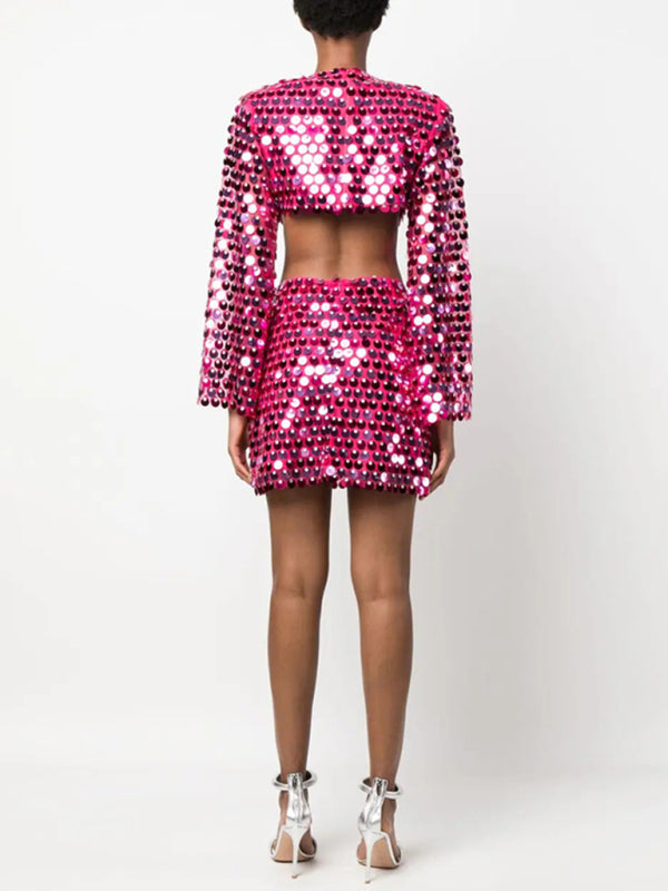 Sparkly Dresses- Sparkling Sequin Long Sleeves Backless Cutout Mini Dress- - IndioGear Clothing and Gear