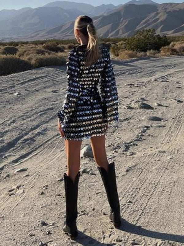 Sparkly Dresses- Sparkling Sequin Long Sleeves Backless Cutout Mini Dress- - IndioGear Clothing and Gear