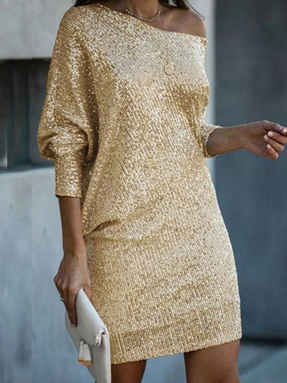 Sparkly Dresses- Wedding Guest Glitter Bat-Sleeve Autumn Shift Dress- Golden- IndioGear Clothing and Gear