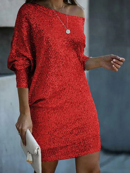 Sparkly Dresses- Wedding Guest Glitter Bat-Sleeve Autumn Shift Dress- Red- IndioGear Clothing and Gear