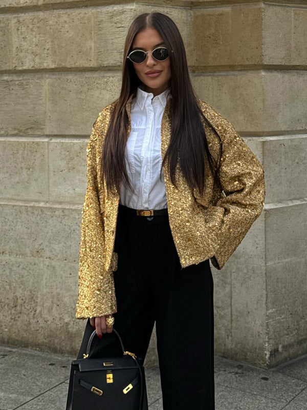 Sparkly Jackets- Festive Sparkling Metallic Chips Jacket- Gold- IndioGear Clothing and Gear