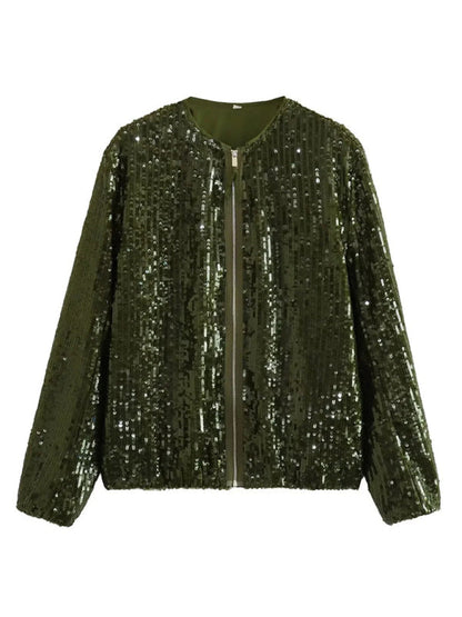 Sparkly Jackets- Glitter Sequined Zip-Up Bomber Jacket- Olive green- IndioGear Clothing and Gear