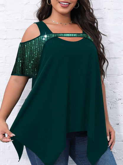 Sparkly Tops- Festive Sequined Cutout Shoulder- - IndioGear Clothing and Gear