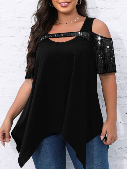 Sparkly Tops- Festive Sequined Cutout Shoulder- - IndioGear Clothing and Gear