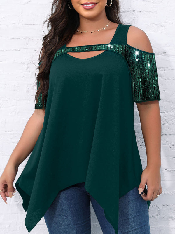 Sparkly Tops- Festive Sequined Cutout Shoulder- - IndioGear Clothing and Gear