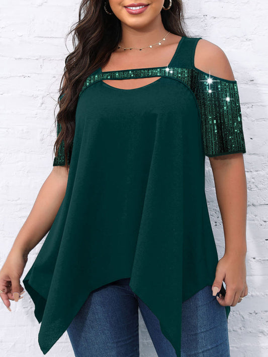 Sparkly Tops- Festive Sequined Cutout Shoulder- Green- IndioGear Clothing and Gear